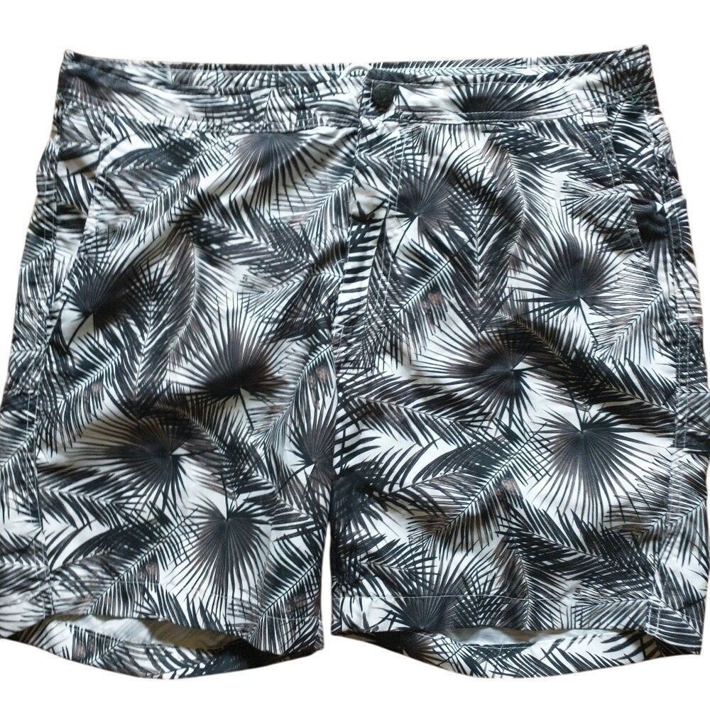 Black Brown 1826 Mens Palm Leaf Print Swim Trunks Black White 36 Board Shorts